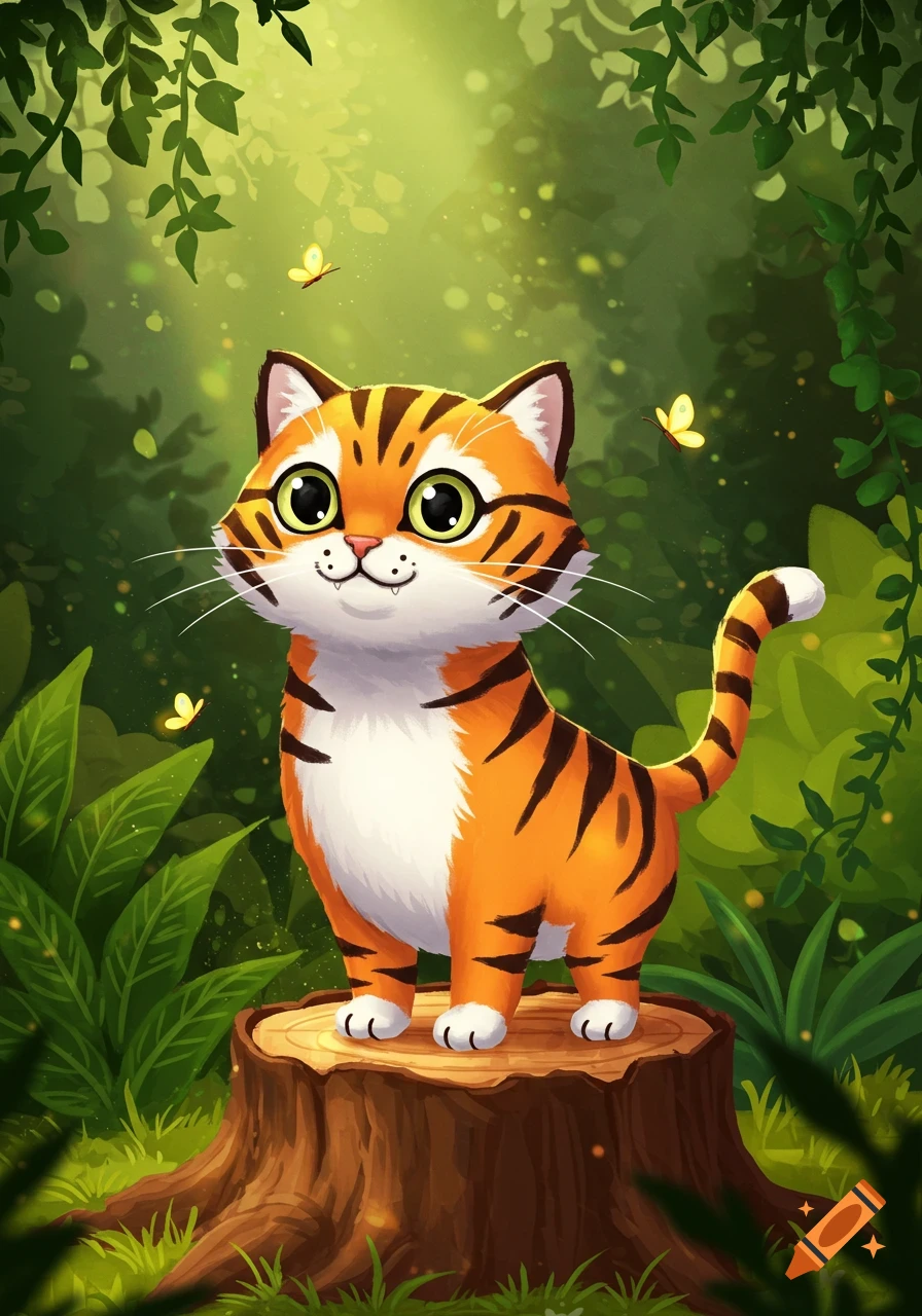 A cute, cartoonish tiger-striped cat stands on a tree stump in a vibrant jungle, surrounded by green leaves and butterflies.
