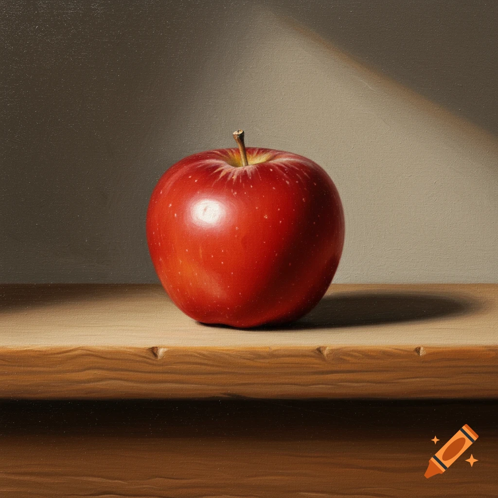 Realistic still life painting of a vibrant red apple on a wooden surface, lit by a diagonal beam of light.