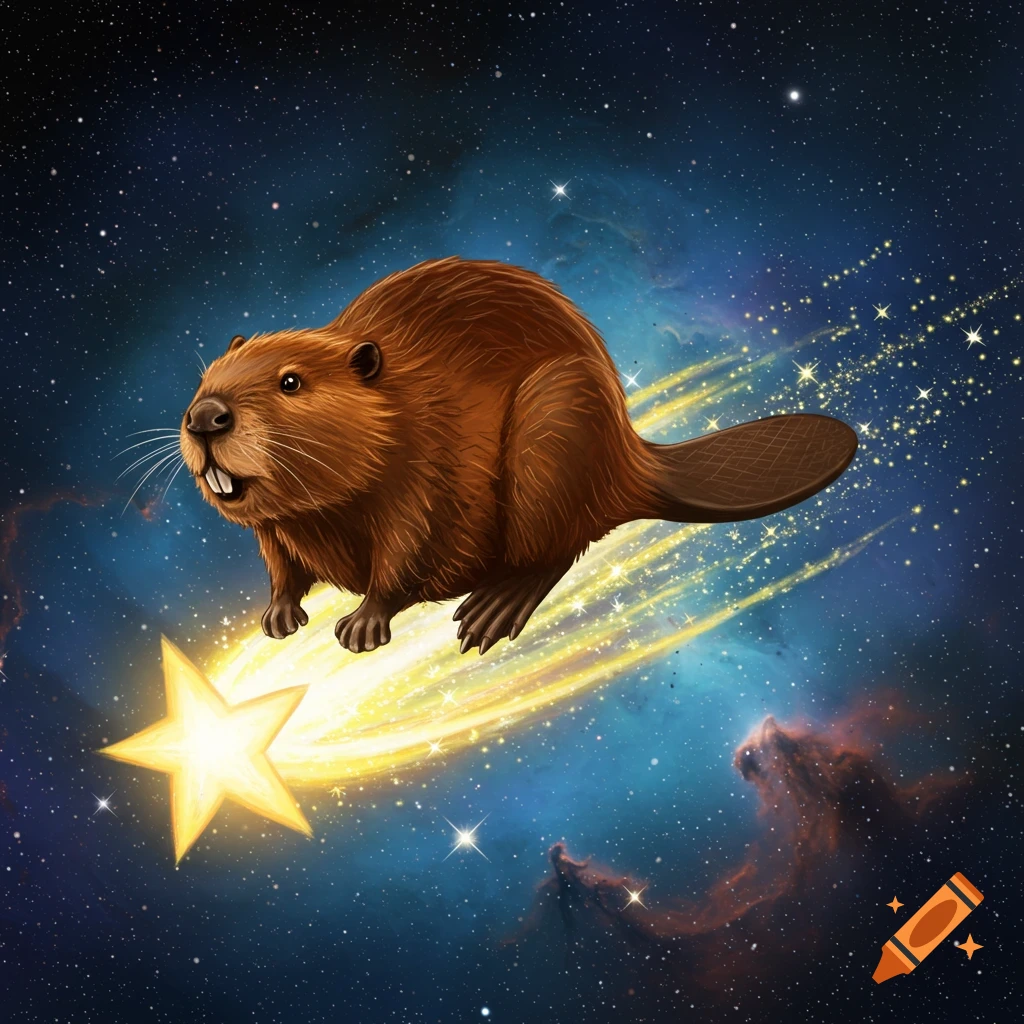 A brown beaver with large teeth rides a glowing yellow shooting star across a starry blue and purple nebula in space, stylized illustration.