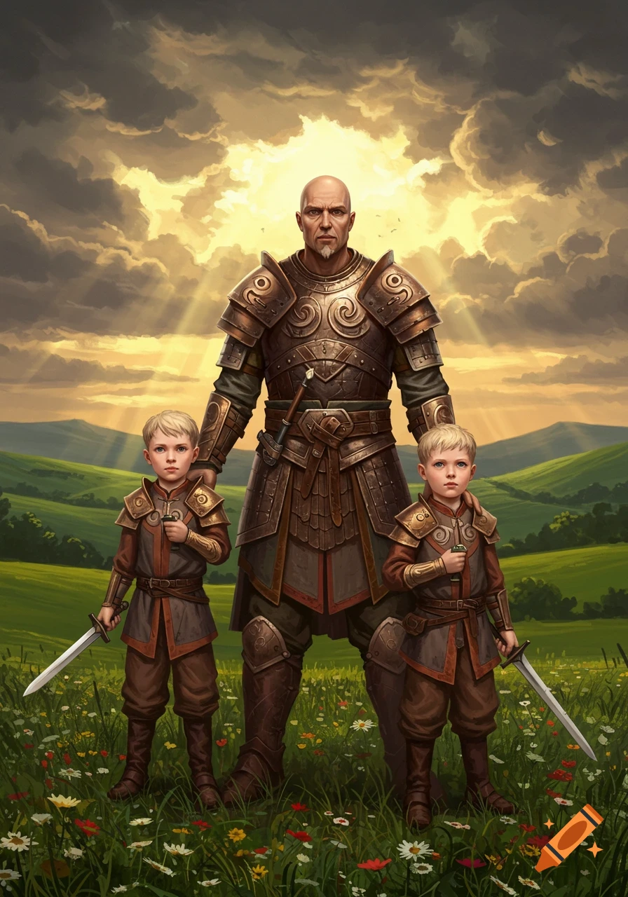 A bald warrior father and his two young sons in matching armor stand in a field with swords, under a dramatic sky.