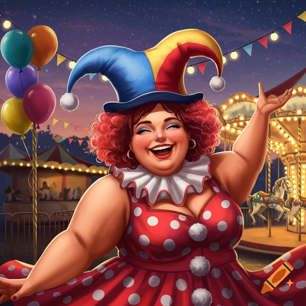 A joyful, plump clown with red curly hair and a jester hat, wearing a red polka dot dress, smiling at a vibrant carnival.