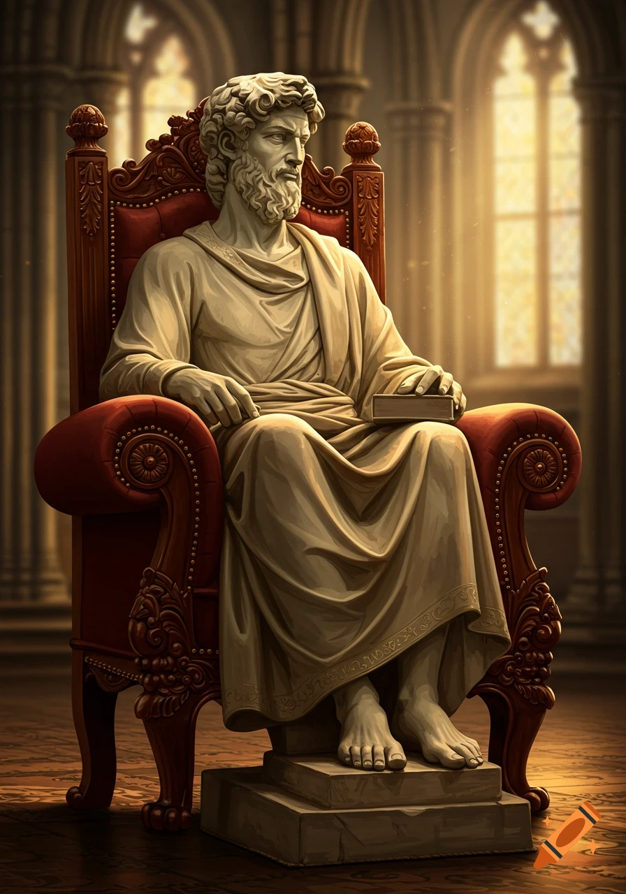 A detailed classical statue of a bearded man in robes, holding a book while seated on an ornate red throne in a grand hall.