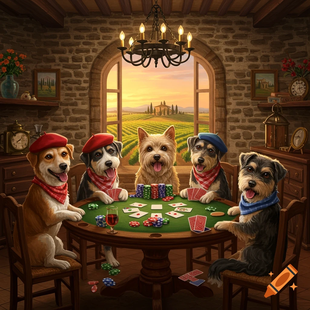 Five dogs in berets and bandanas play poker at a green table in a rustic Italian-style room with a vineyard visible through the window at sunset.