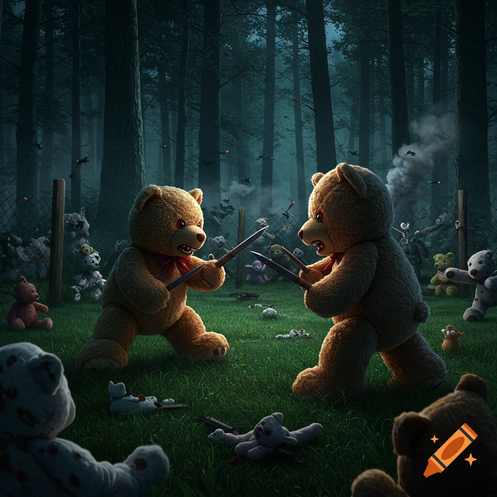 Two angry teddy bears battle with knives in a dark, dystopian forest with other damaged bears and fencing. Photorealistic.