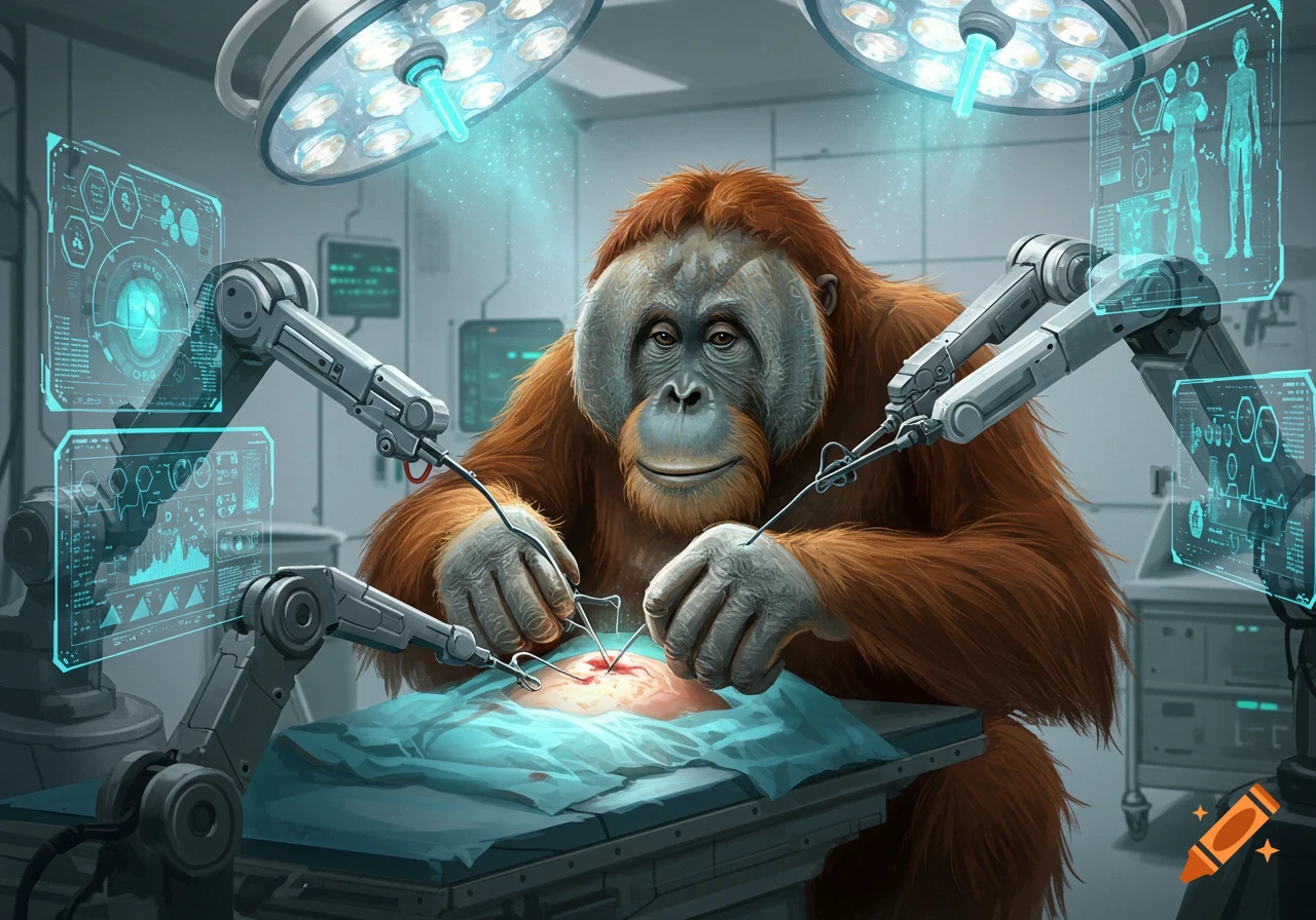 An orangutan performs robotic surgery on a human-like torso in a futuristic operating room, detailed illustration.