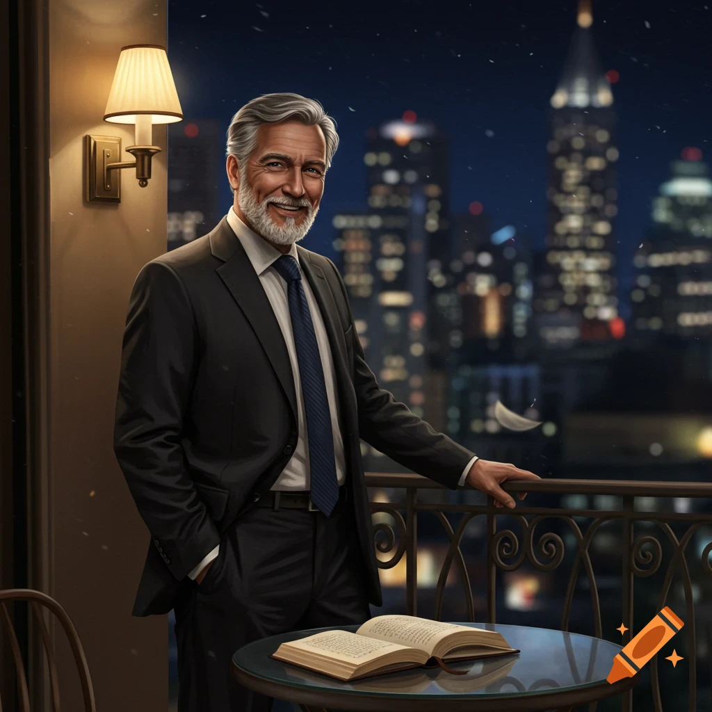 Smiling gray-haired man in a suit on a balcony with a city view at night, a book on a table.