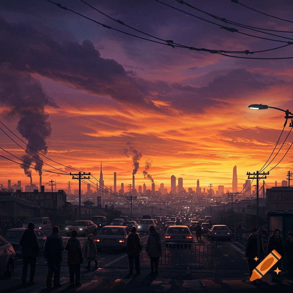 A polluted cityscape at sunset with an orange and purple sky, smoke plumes, traffic, and people on a street.