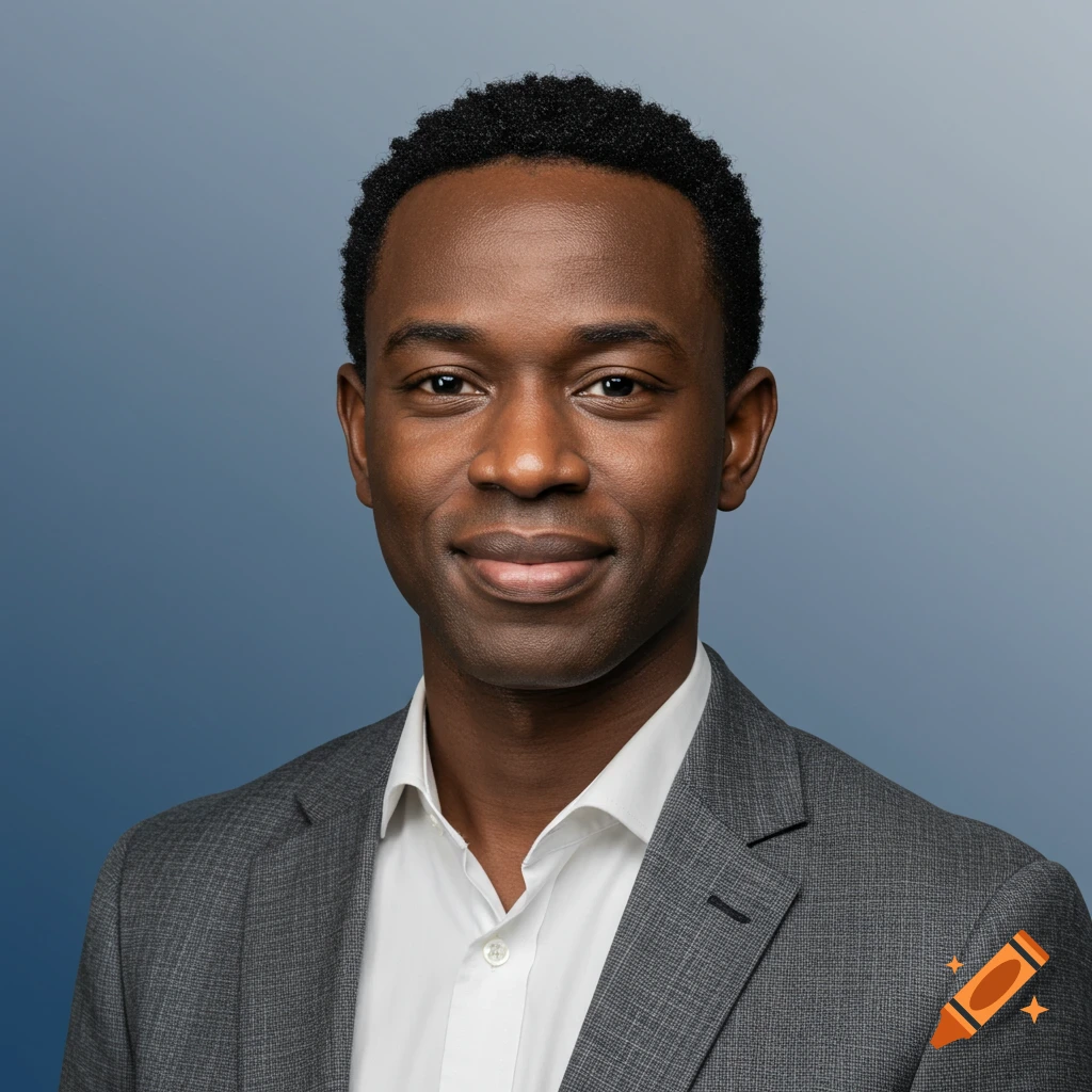 A smiling Black man in a grey suit jacket and white shirt, in a professional headshot against a blue gradient background.