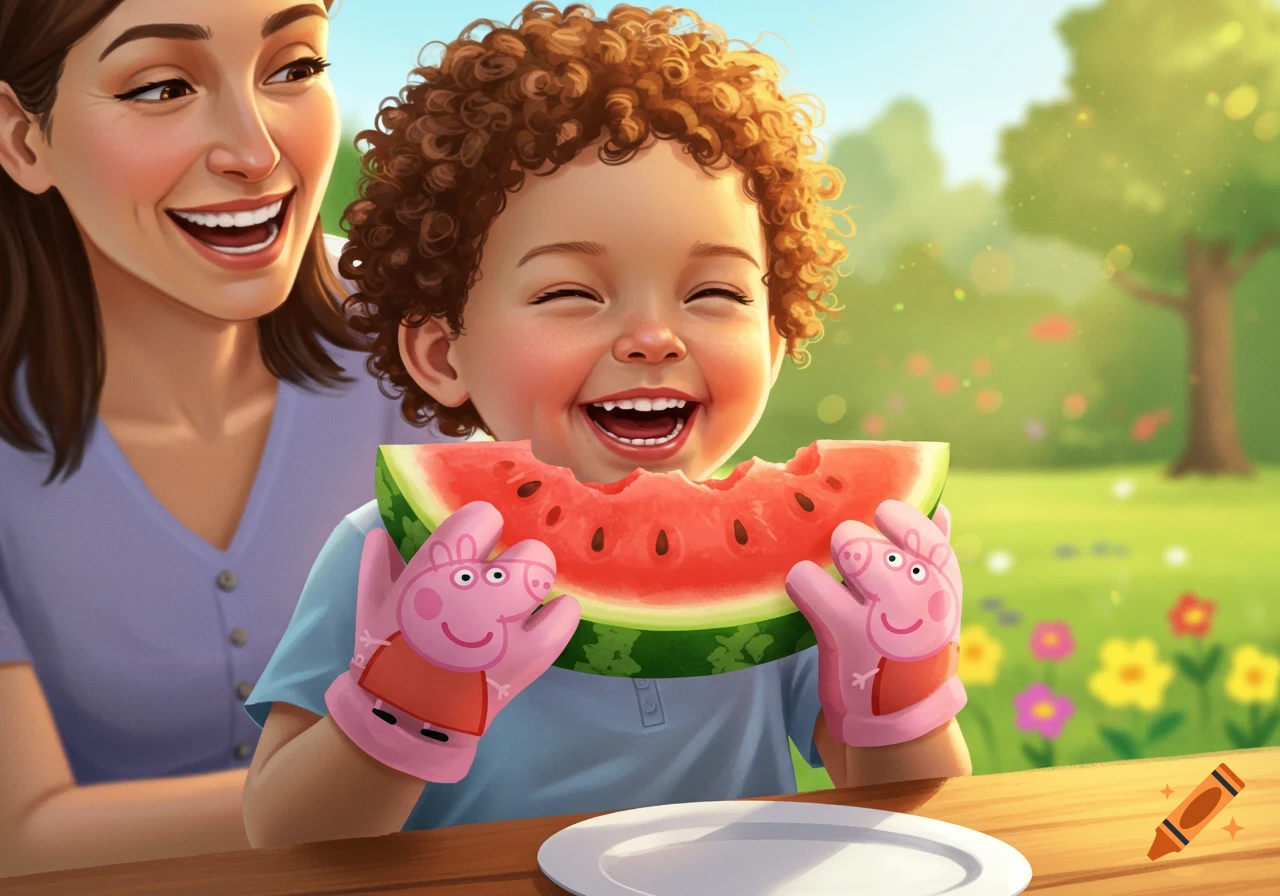 A joyful child in Peppa Pig mittens laughs while eating watermelon, with a smiling mother in a sunny outdoor setting.