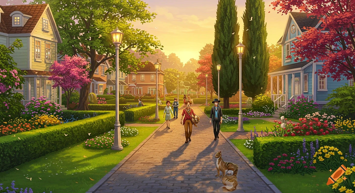 Vibrant stylized illustration of a suburban neighborhood at sunset with colorful houses, lush gardens, people walking, and a cat.