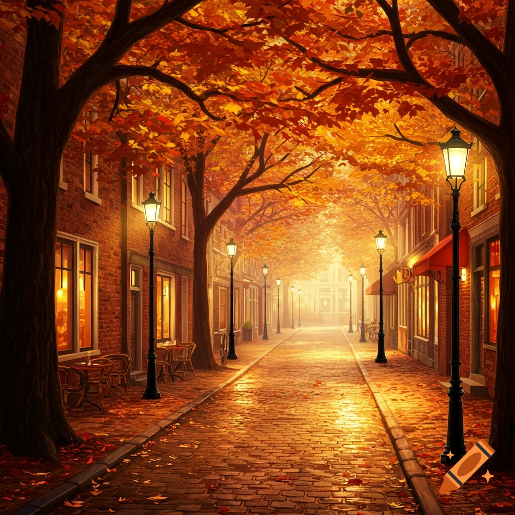 A picturesque autumn street with brick buildings, glowing streetlights, and vibrant orange leaves on trees.