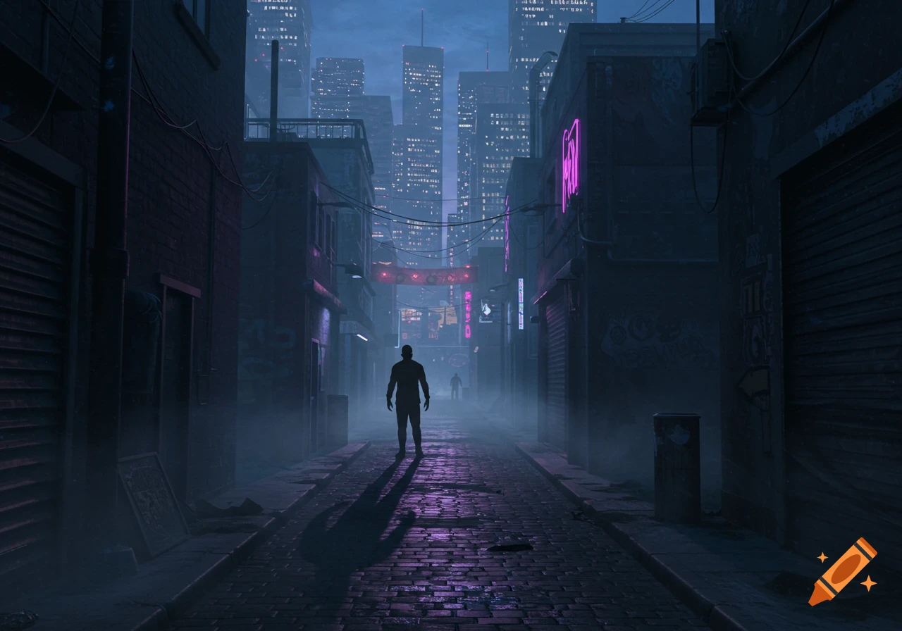 A solitary figure walks down a dark, foggy alley in a neon-lit cyberpunk city.