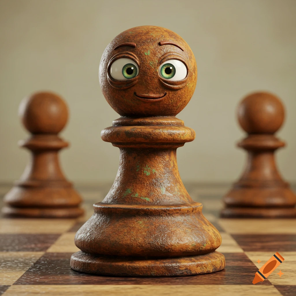 A 3D rendered anthropomorphic chess pawn with a rusty texture, big green eyes, and a goofy smile, standing on a chessboard.
