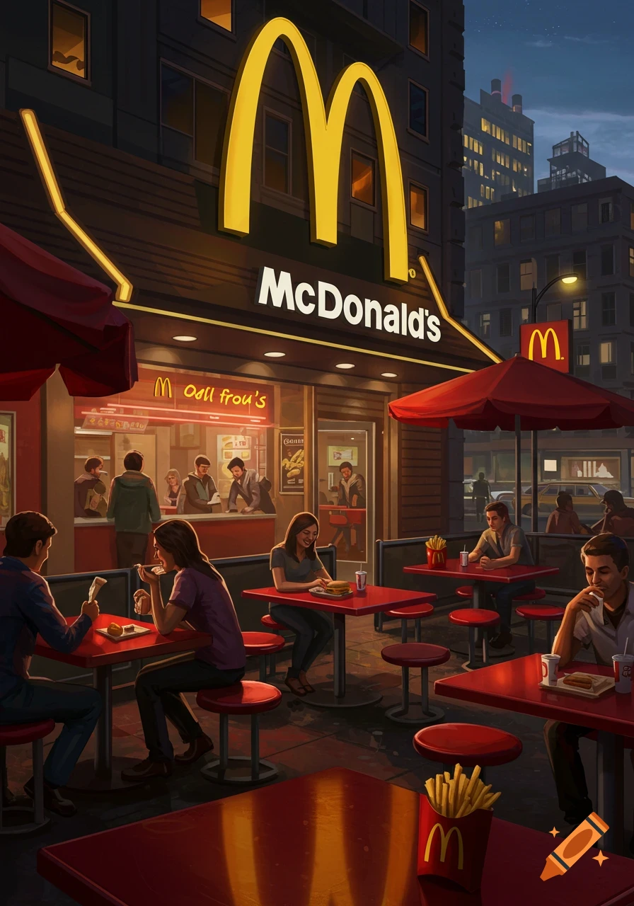 Stylized illustration of people dining outdoors at a McDonald's restaurant in a city at dusk.