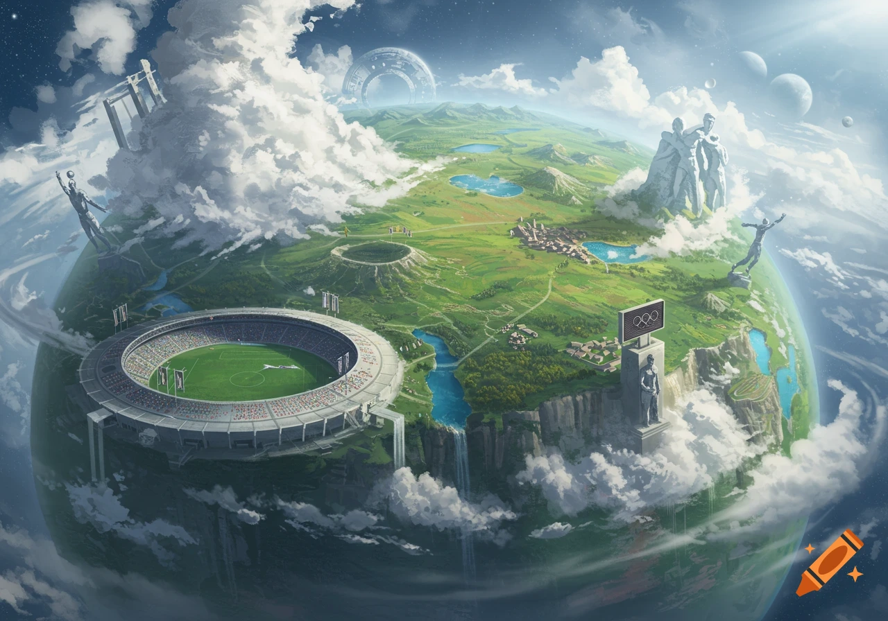 A fantasy illustration of a lush green planet featuring large sports stadiums, Olympic rings, and towering statues amidst clouds.