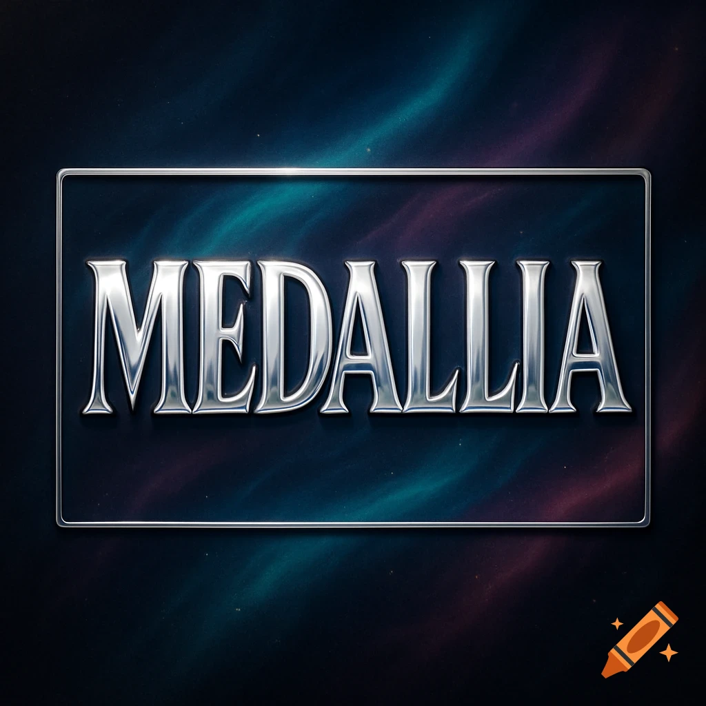 The word 'MEDALLIA' in shiny silver metallic letters, framed by a thin silver border, against a dark blue and teal cosmic background.