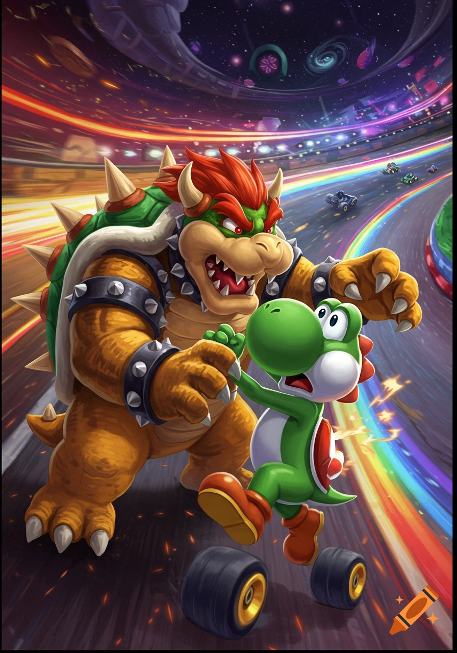 Bowser angrily grabs Yoshi's arm on a rainbow space race track, with go-karts and loose wheels in a dynamic digital art style.
