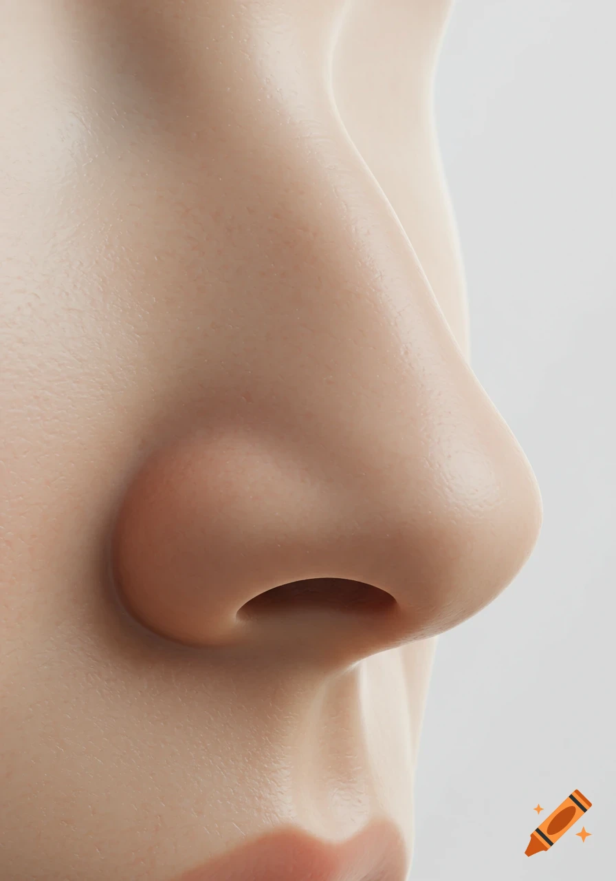 Photorealistic close-up of a human nose and upper lip from the side, showing detailed skin texture and a nostril.