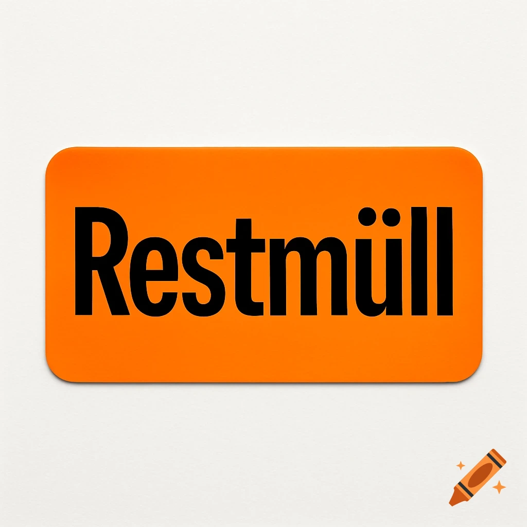 An orange rectangular sticker with rounded corners displays the word 'Restmüll' in bold black letters on a white background.