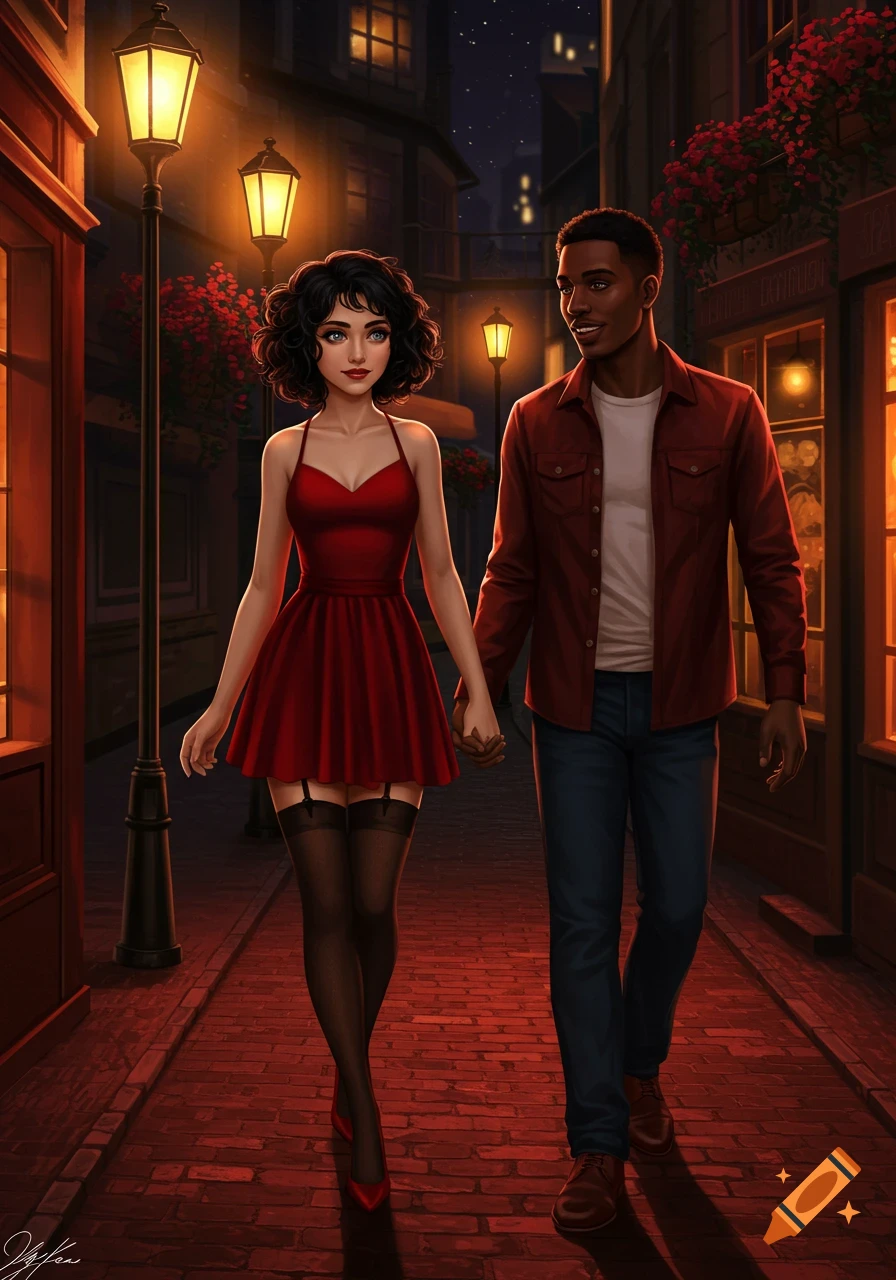 A young couple, dressed in red and dark casual wear, walk hand-in-hand down a warmly lit cobblestone street at night, in a digital illustration.