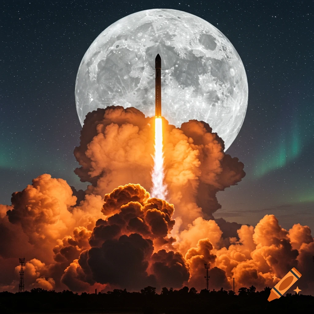 A powerful rocket launching with bright orange exhaust against a starry night sky, a massive full moon, and subtle green aurora.