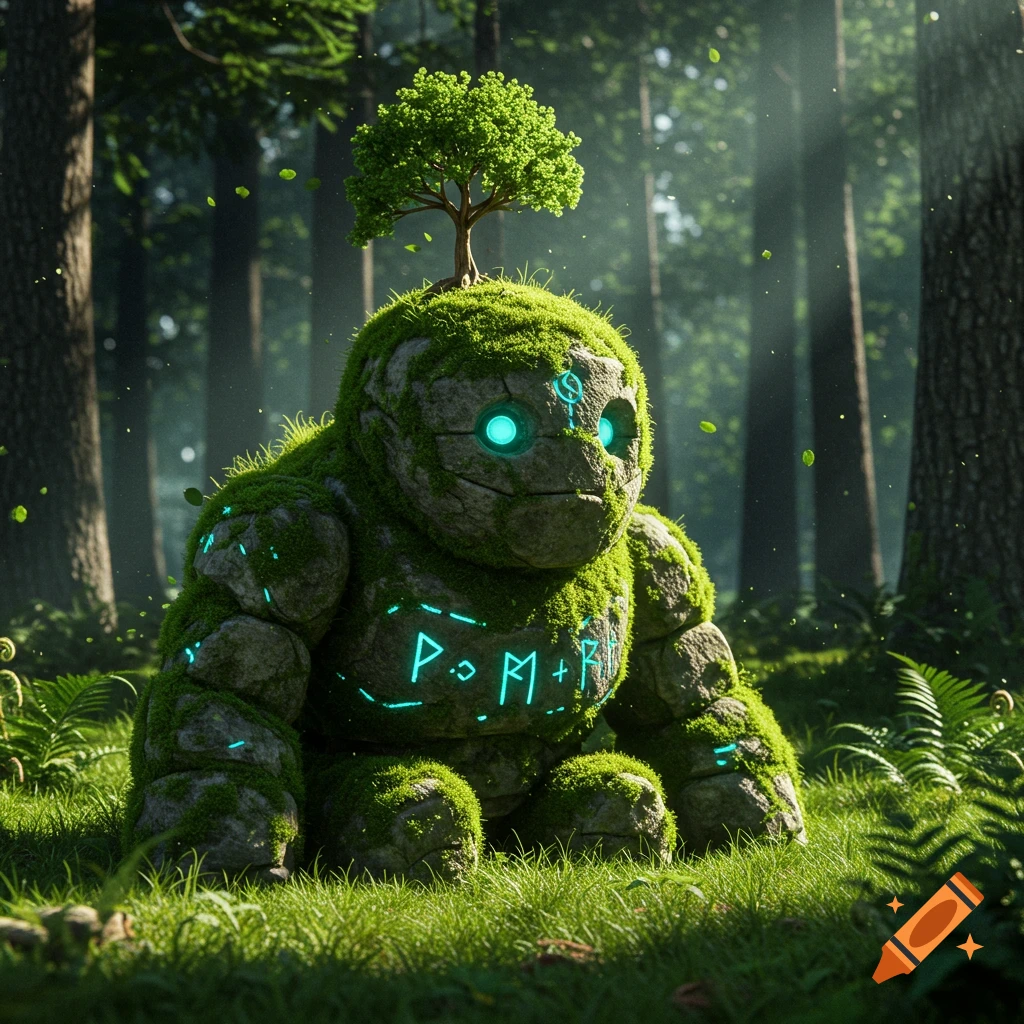 A moss-covered stone golem with glowing blue eyes and luminous runes on its chest sits in a lush, sun-dappled forest, with a small tree growing on its head. Photorealistic style.