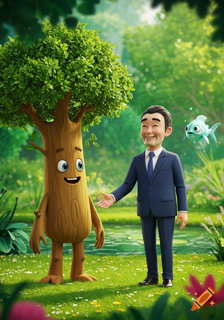 Mr. Lee, a cartoon man in a suit, extends his hand to a smiling cartoon tree, with a fish floating nearby in a lush green garden.