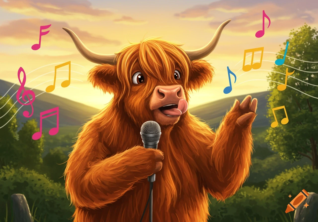 A cartoon Highland cow with shaggy brown fur sings into a microphone, with musical notes floating around in a sunny, green landscape.