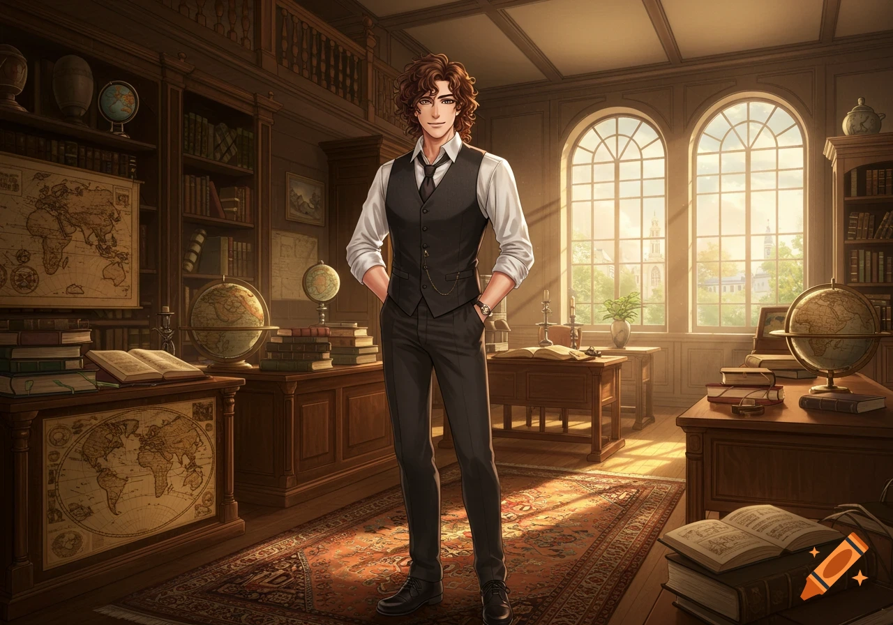 An anime man with curly brown hair wearing a vest stands in a grand, sunlit library filled with books and globes.