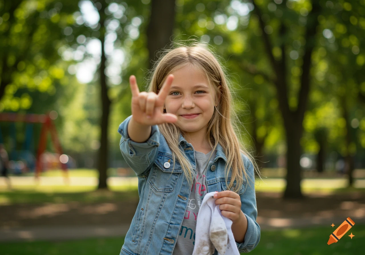 Young blond girl smiling in a park, making a rock on sign with one hand and holding dirty socks in the other.