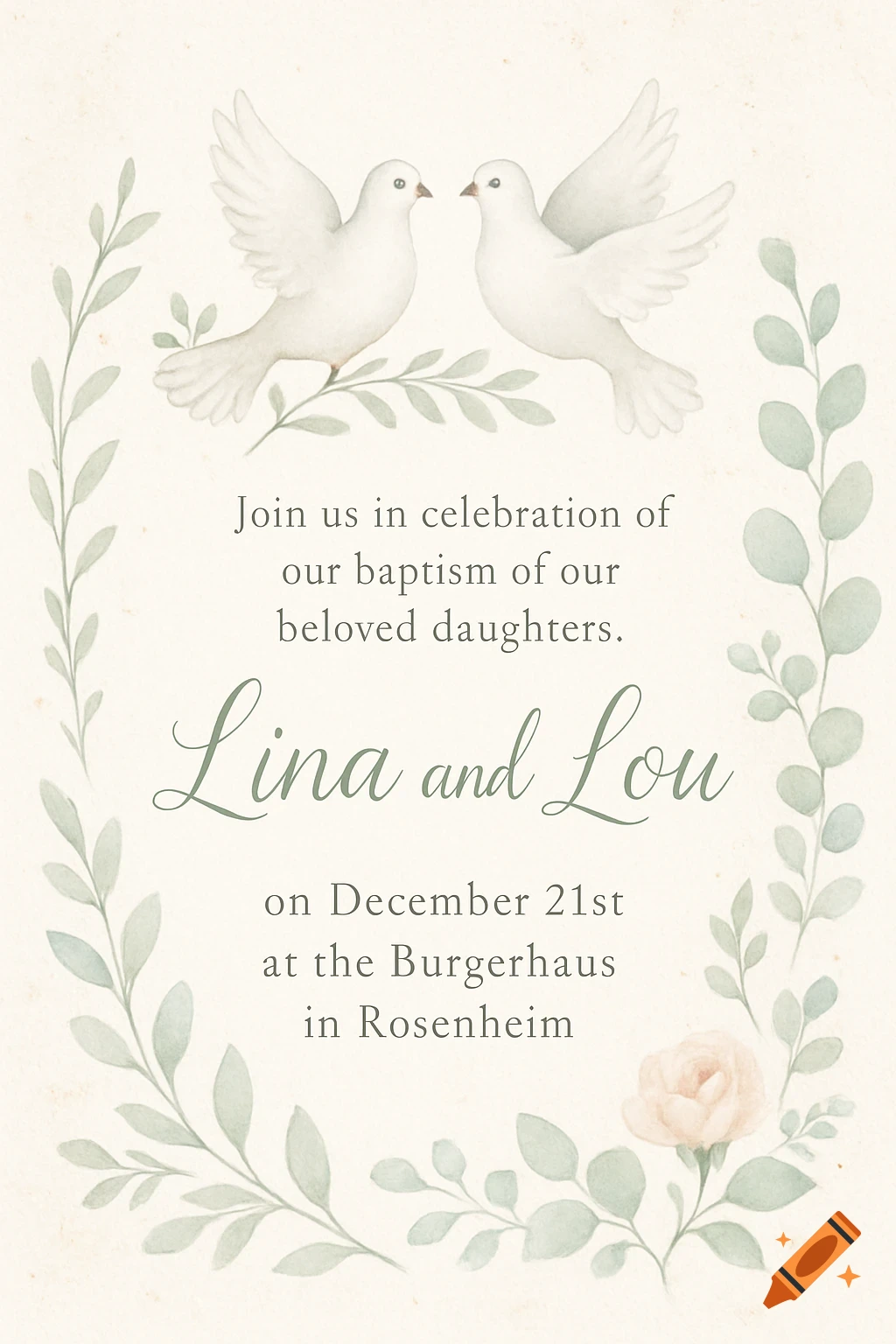 A watercolor baptism invitation card with two white doves perched on a branch, surrounded by a green leafy wreath, and a light pink rose at the bottom right. Text announces a baptism.