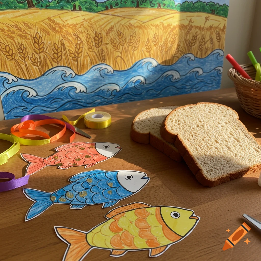 A tabletop scene with craft supplies, three colorful paper fish cutouts, two slices of bread, and a painted backdrop of waves and wheat fields.