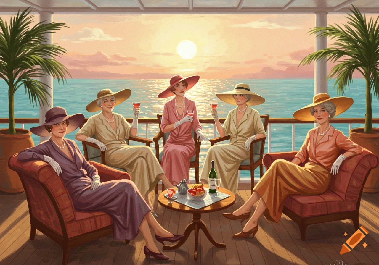 Five elegant older women in hats and dresses relax on a cruise ship deck at sunset, drinking and chatting.