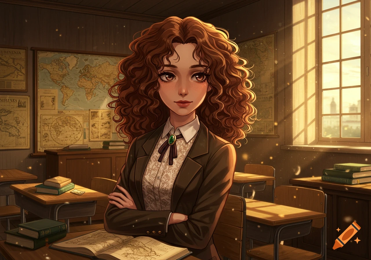 An anime-style teacher with curly brown hair in a sunlit classroom, with maps on the wall and books on desks.