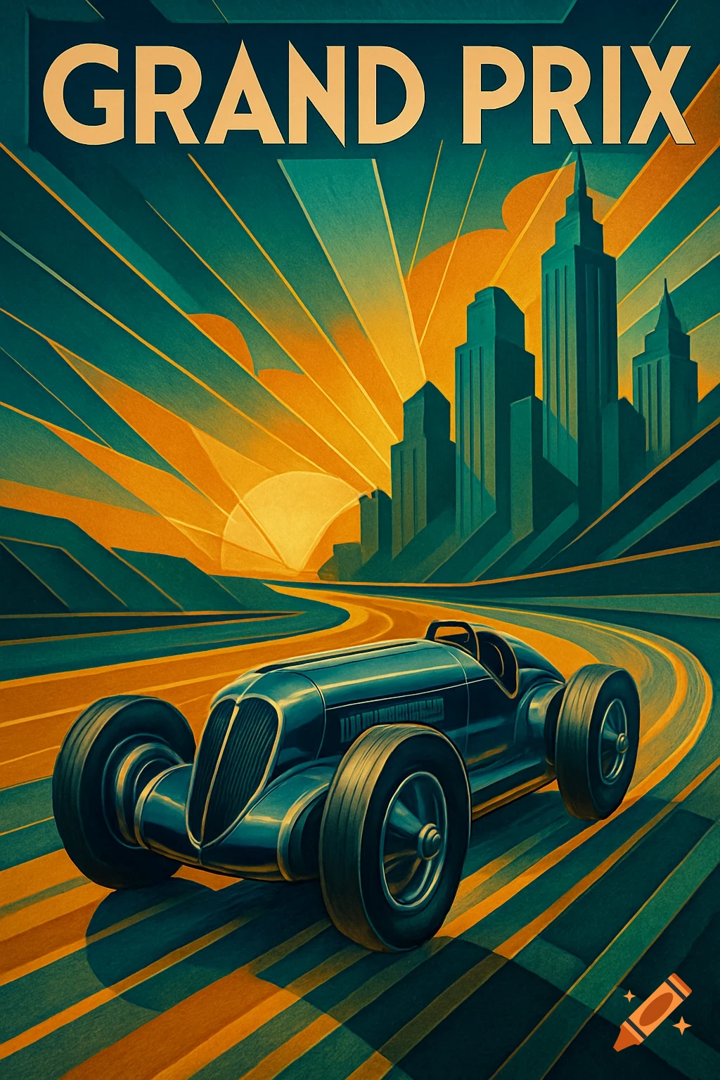 An Art Deco poster of a vintage racing car on a track, with city skyscrapers and a sunburst behind it, text reads "GRAND PRIX".