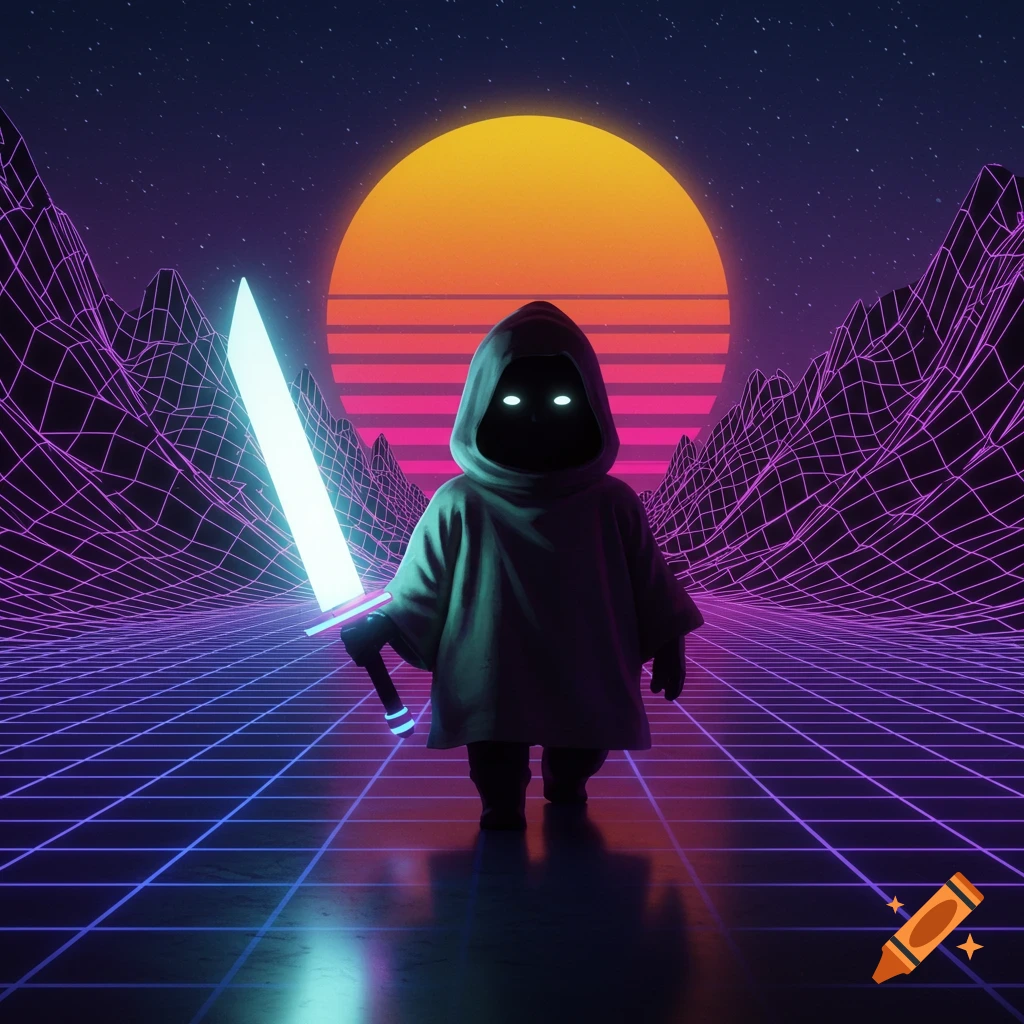 A cloaked figure with a glowing sword stands on a neon grid in a retro-futuristic landscape under a large sunset.