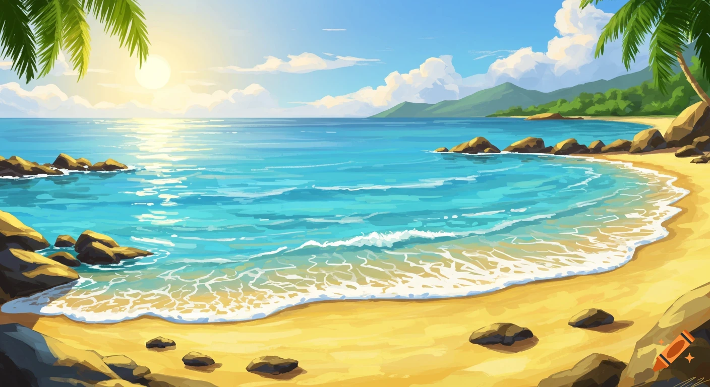 Vibrant illustration of a sunny tropical beach with clear turquoise water, yellow sand, scattered rocks, and green palm trees.
