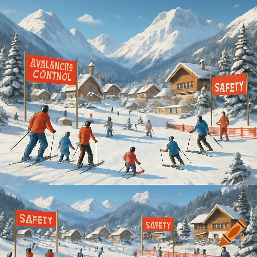 A snowy mountain village with skiers and 'AVALANCHE CONTROL', 'SAFETY' banners under a blue sky, in a painting style.