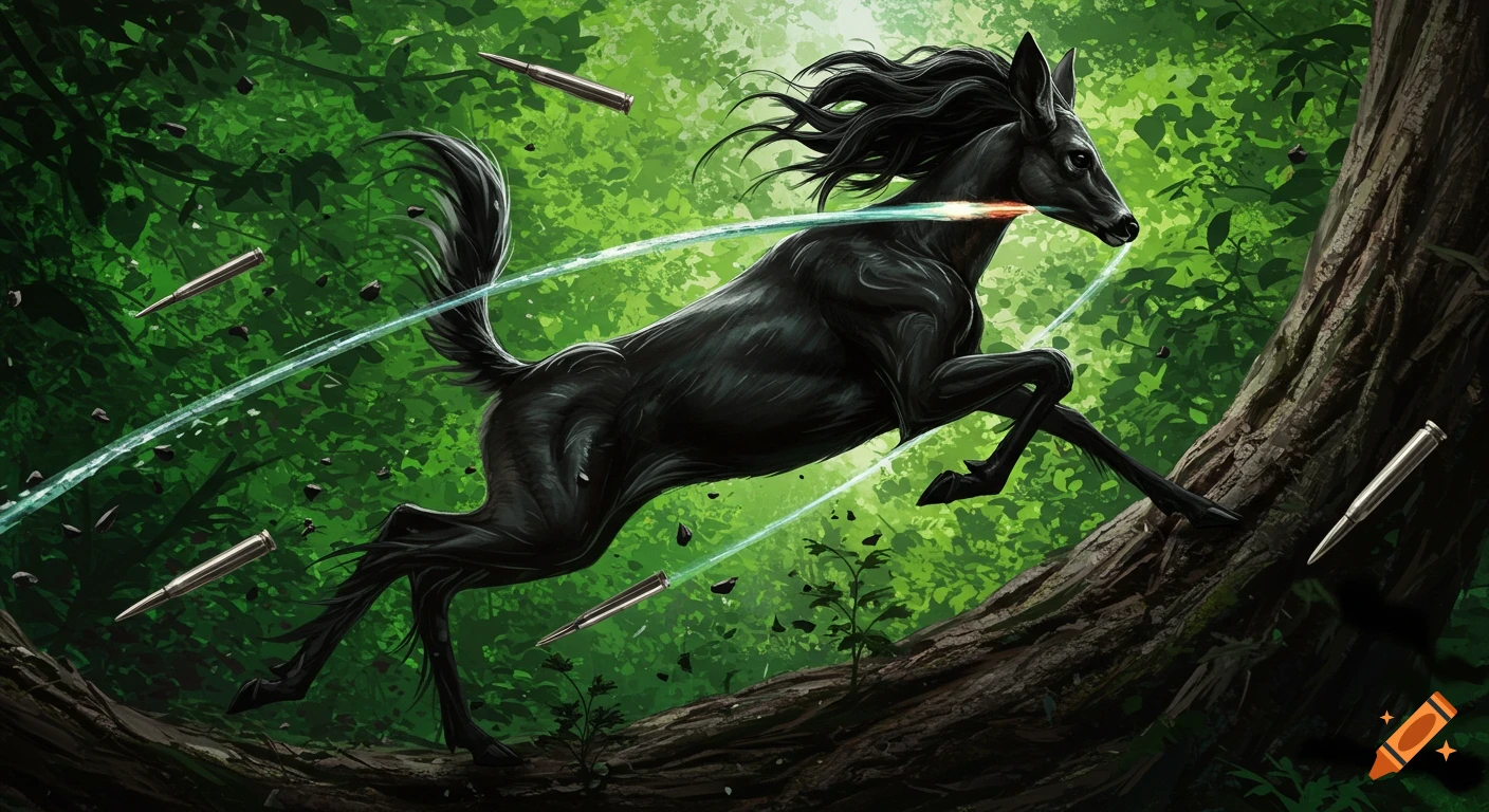 A stylized black horse-like creature with glowing elements leaps through a vibrant green jungle, dodging bullets.