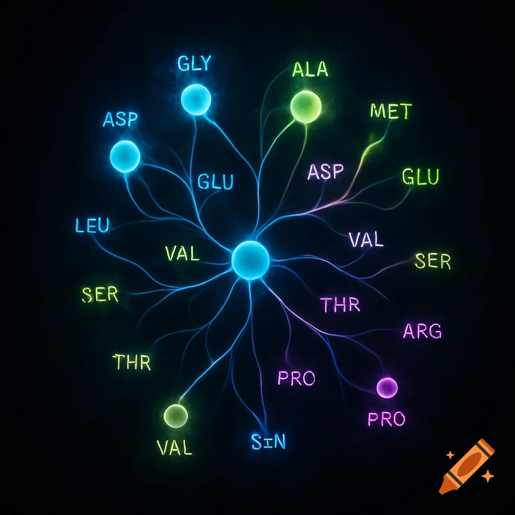 Glowing neural network-like diagram on a black background, with nodes labeled with amino acid abbreviations.