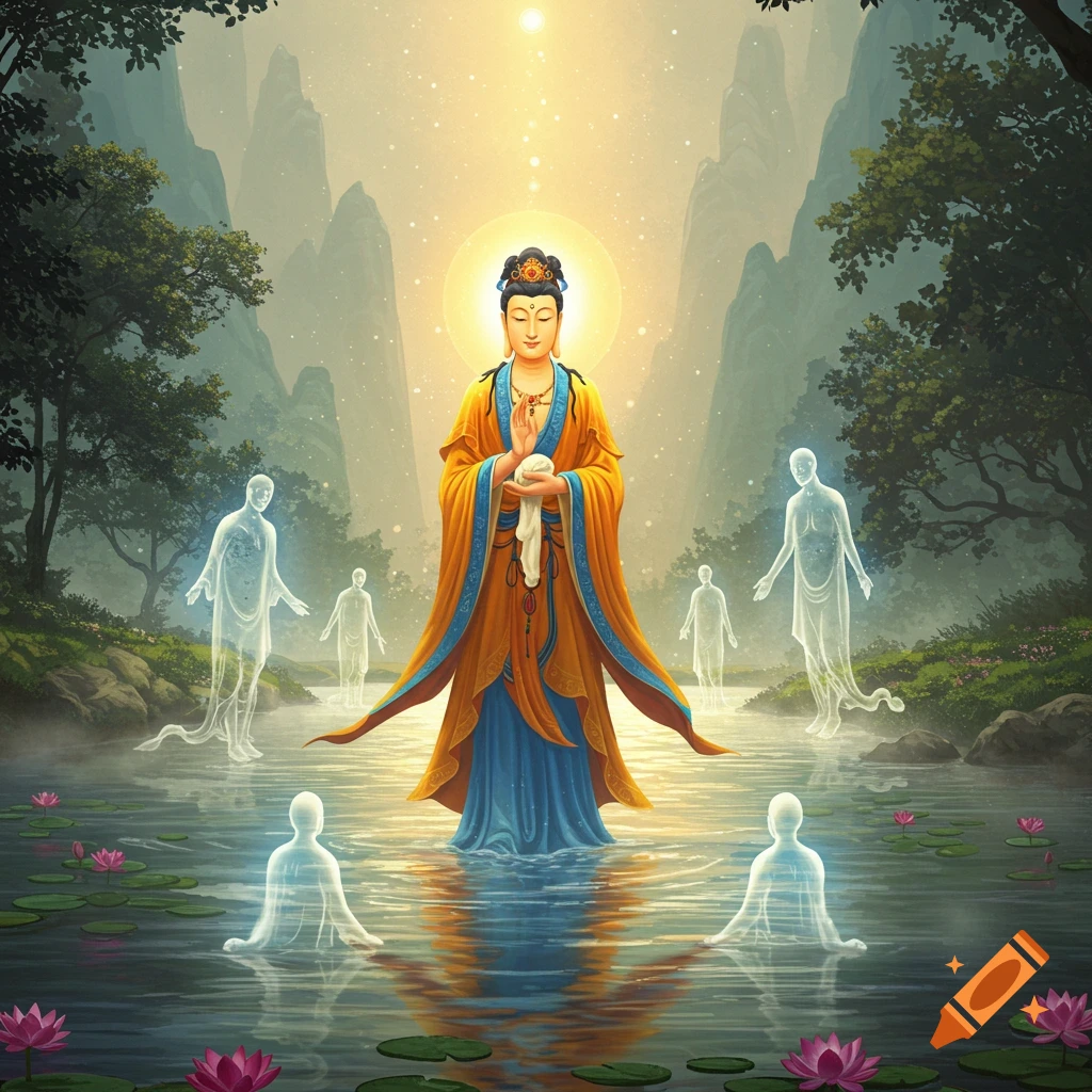 A radiant bodhisattva in golden robes stands in a tranquil river, surrounded by ethereal spirits and pink lotus flowers.