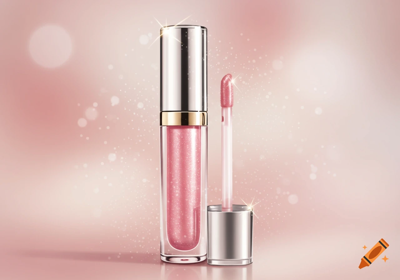 A pink sparkly lip gloss tube and its applicator stand on a reflective surface against a blurred pink background with bokeh lights.