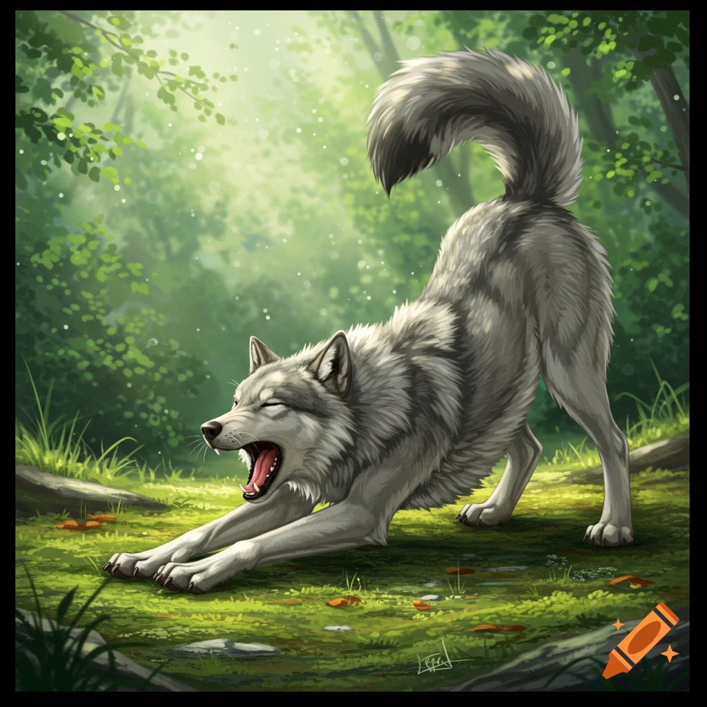 A stylized gray wolf stretching and yawning in a lush, sunlit forest.