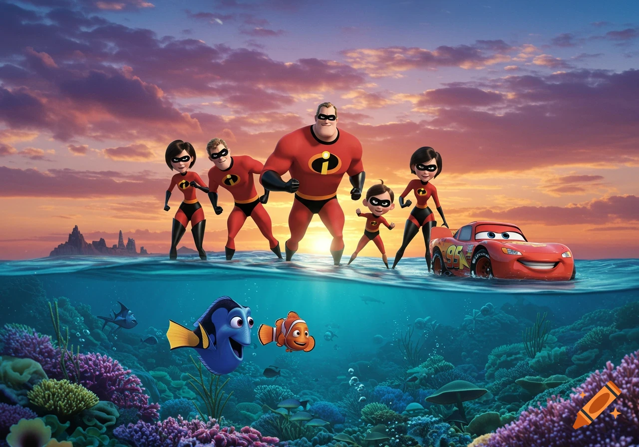 Animated crossover scene with The Incredibles family and Lightning McQueen on water, and Dory and Nemo underwater.