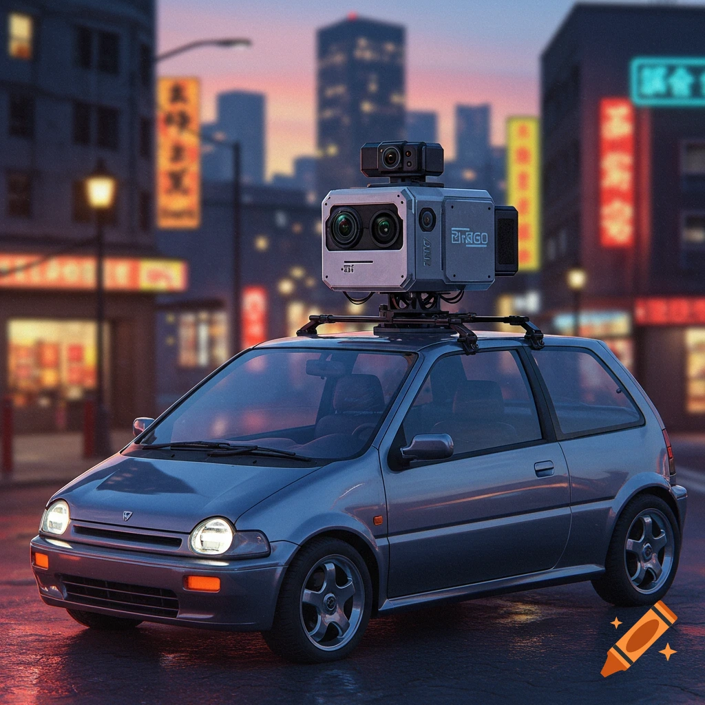 A small grey car with a multi-lens camera rig on its roof, parked on a wet city street at dusk, photorealistic style.