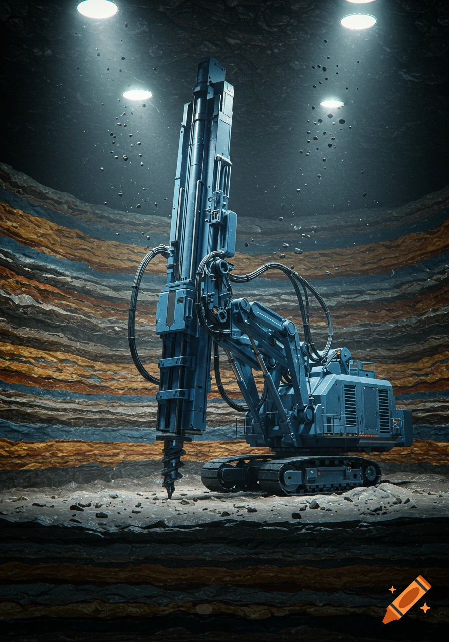 A large blue drilling rig actively bores into the ground within a dark, layered subterranean cavern, illuminated by overhead spotlights.