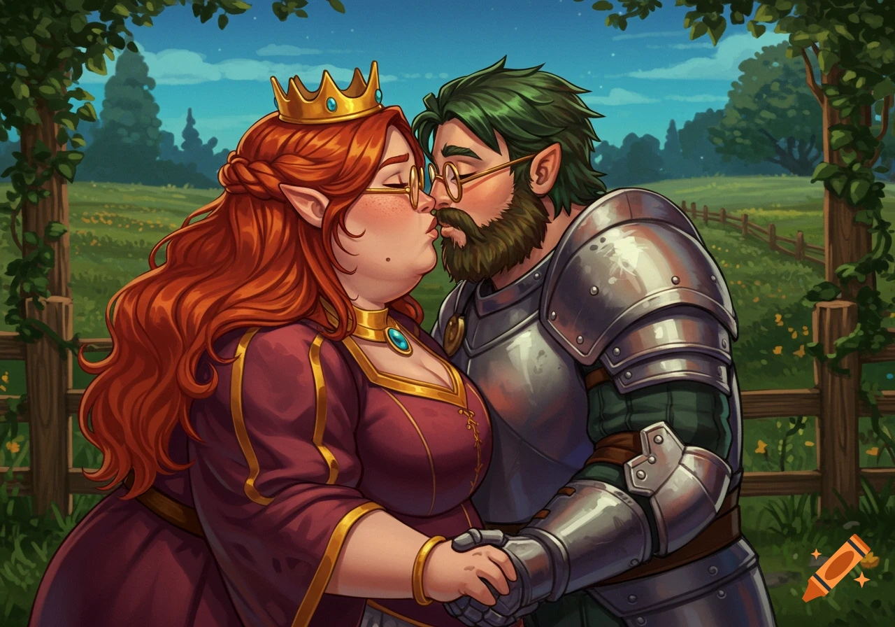A plump, red-haired elven queen with a crown and a green-haired, bearded elven knight in armor kiss in a sunny field, Stardew Valley style.