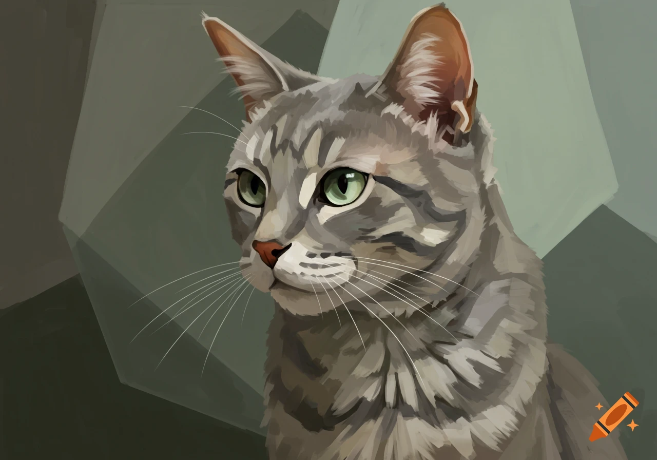A gray tabby cat with green eyes, depicted in a painterly style with a muted, geometric background.