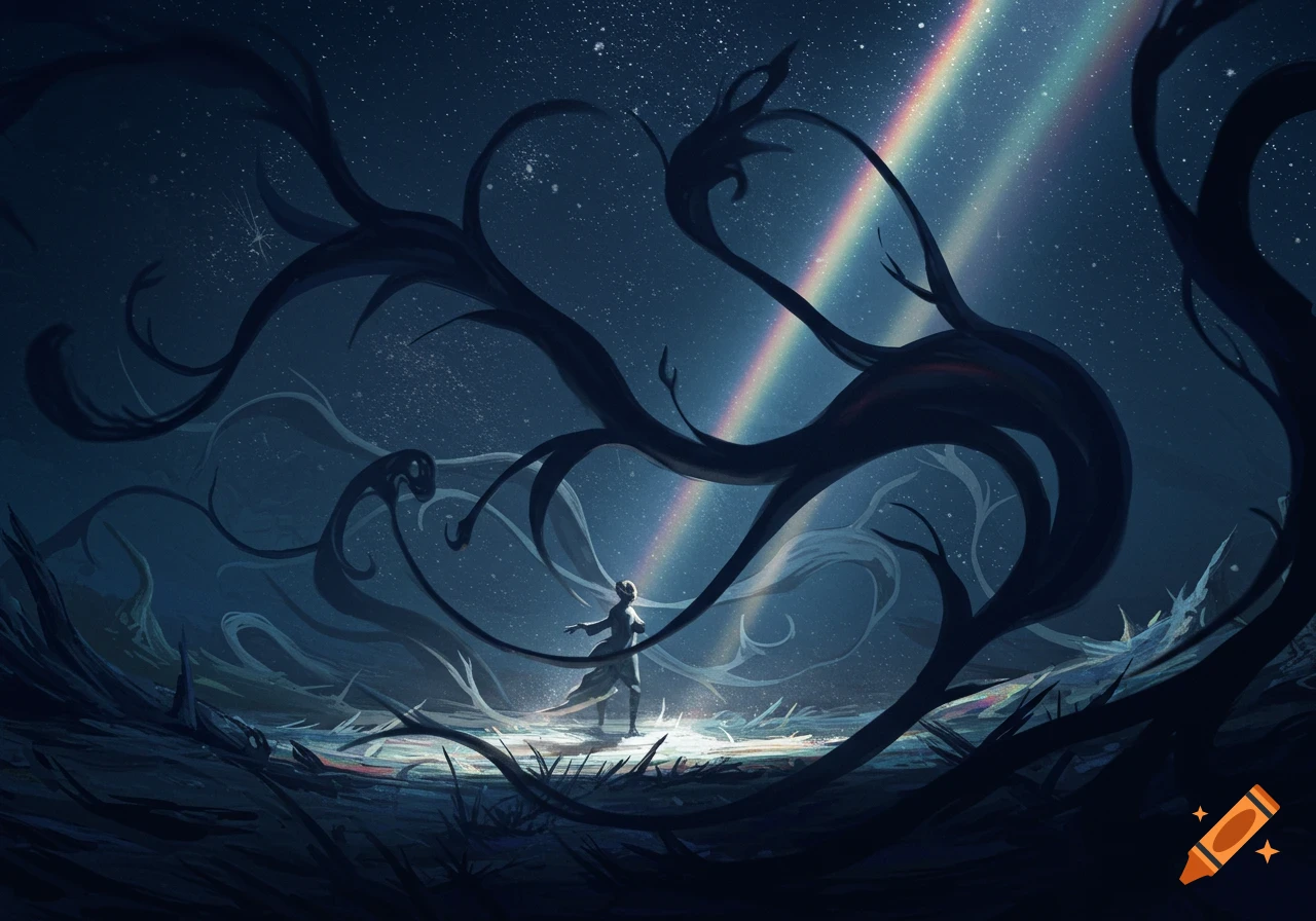 A surreal abstract image featuring a person surrounded by dark, swirling shadows under a starry night sky with a vibrant rainbow.