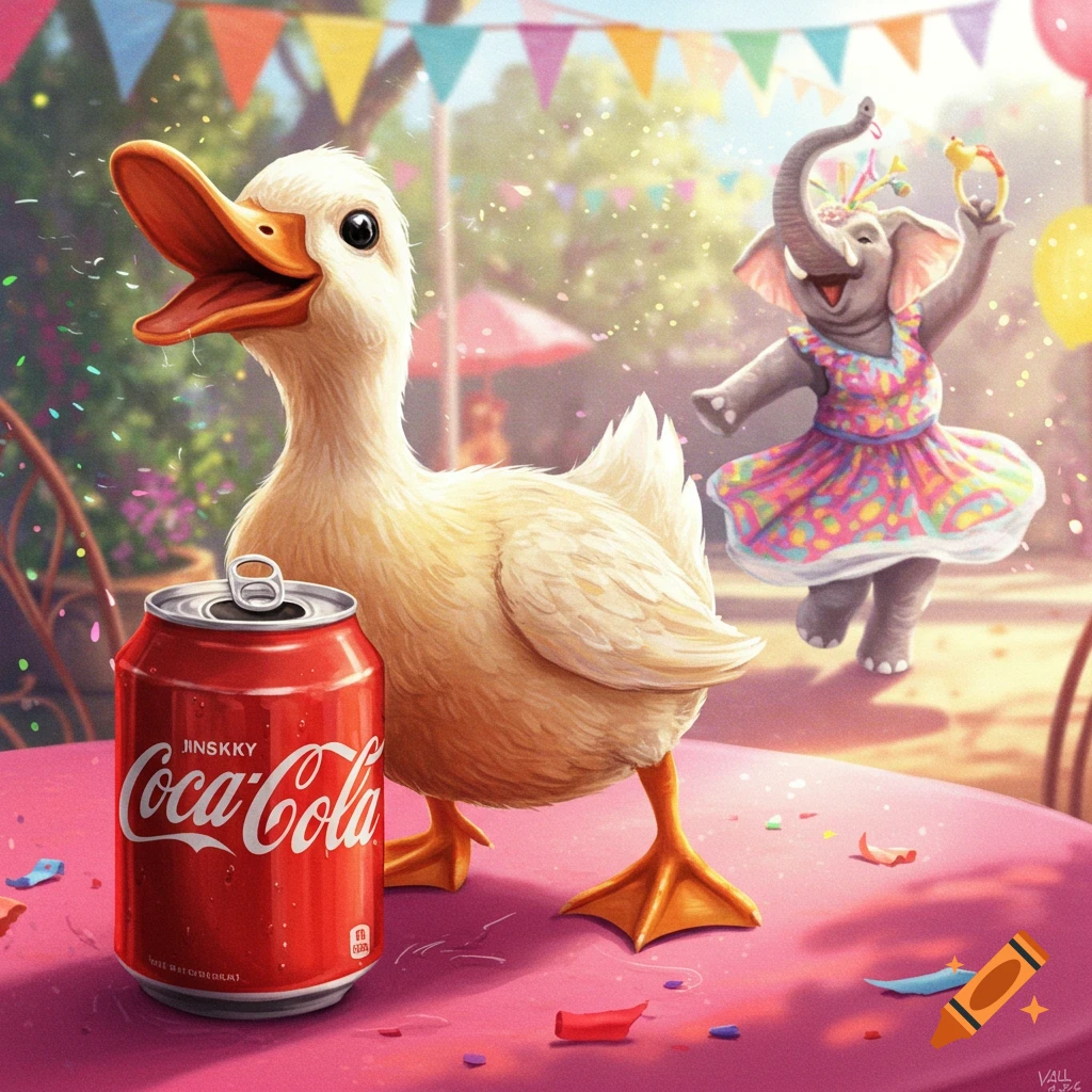 A happy duck stands next to a Coca-Cola can on a pink table covered in confetti, with a dancing elephant in a dress in the background, all rendered in a vibrant cartoon style.